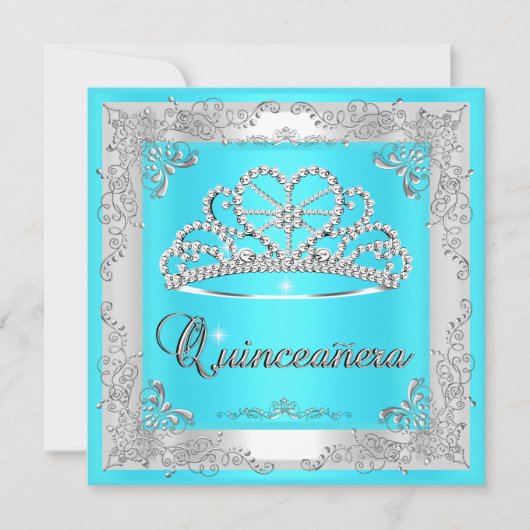 Quinceanera 15. Geburtstag Aqua Blue Silver Tiara Einladung (Vorderseite)