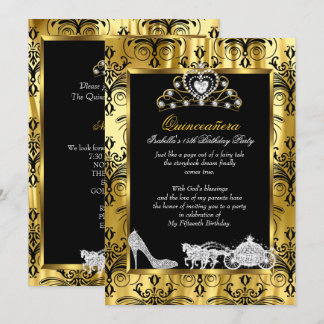 Quinceanera 15. Geburtstag Black Gold Damask 2 Einladung