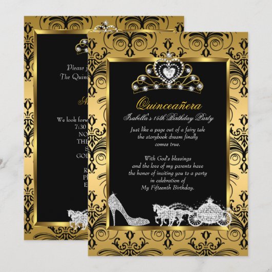 Quinceanera 15. Geburtstag Black Gold Damask Einladung (Vorne/Hinten)
