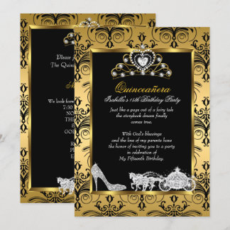 Quinceanera 15. Geburtstag Black Gold Damask Einladung