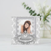 Quinceanera 15. Geburtstag Damask Silber Weiß Einladung (Stehend Vorderseite)