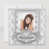 Quinceanera 15. Geburtstag Damask Silber Weiß Einladung (Vorderseite)