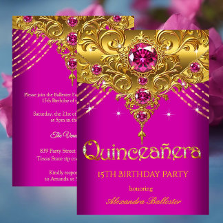 Quinceanera 15. Geburtstag Exotic Fuchsia Pink Gol Einladung