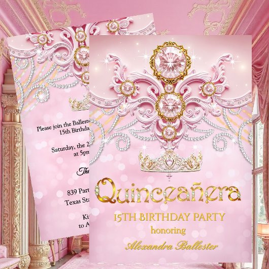 Quinceanera 15. Geburtstag Exotic Light Pink Gold Einladung