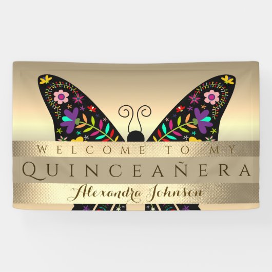 Quinceanera 15. Geburtstag Farbenfrohe Schmetterli Banner (Horizontal)