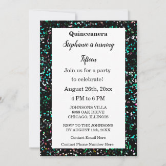 Quinceanera 15. Geburtstag Glitzer Black Multicolo Einladung