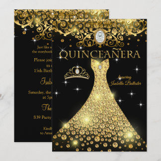 Quinceanera 15. Geburtstag Gold Black Tiara Einladung