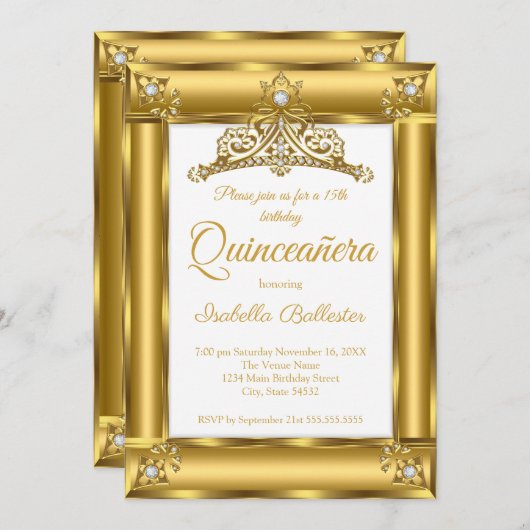Quinceanera 15. Geburtstag Gold Diamond Tiara 2 Einladung (Vorne/Hinten)