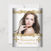 Quinceañera 15. Geburtstag Gold Weißes Spitzen Fot Einladung (Vorderseite)