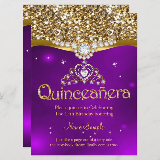 Quinceanera 15. Geburtstag Lila Glitzer Gold Einladung (Vorne/Hinten)