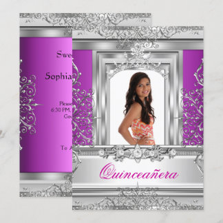 Quinceañera 15. Geburtstag Lila Silver Tiara Einladung