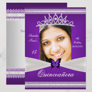 Quinceañera 15. Geburtstag Lila Weiß Spitze Foto Einladung
