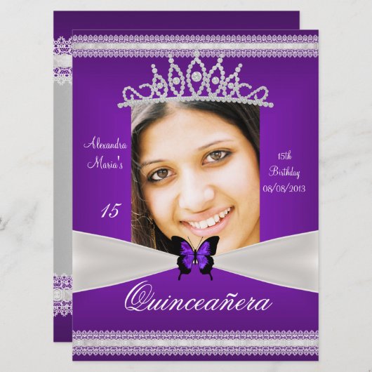 Quinceañera 15. Geburtstag Lila White Lace Foto Einladung (Vorne/Hinten)