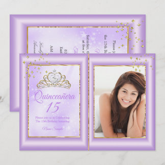 Quinceanera 15. Geburtstag Lilac Lila Gold Foto Einladung