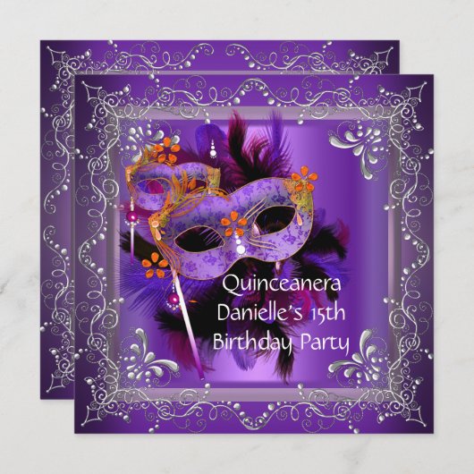Quinceanera 15. Geburtstag Masquerade Maske Lila Einladung (Vorne/Hinten)