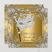 Quinceanera 15. Geburtstag Masquerade Silver Gold Einladung (Vorne/Hinten)