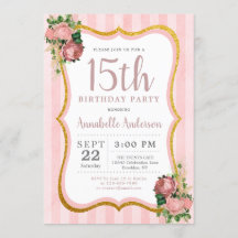 Quinceanera 15. Geburtstag Pink Floral Gold Glitze