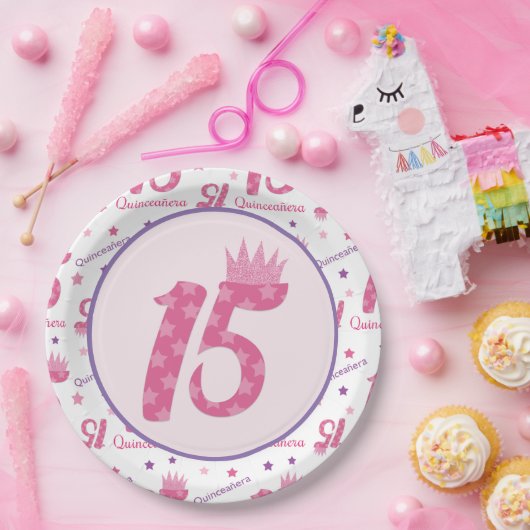 Quinceañera 15. Geburtstag Pink Lila Krone Pappteller (Party)