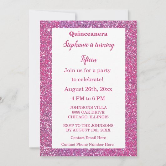 Quinceanera 15. Geburtstag Pink Rose Gold Glitzer Einladung (Vorderseite)