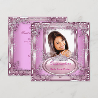 Quinceañera 15. Geburtstag Pink White Silver Tiara Einladung