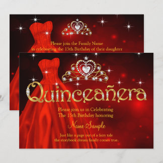 Quinceanera 15. Geburtstag Regal Red Dress Tiara Einladung