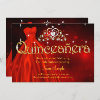 Quinceanera 15. Geburtstag Regal Red Dress Tiara Einladung