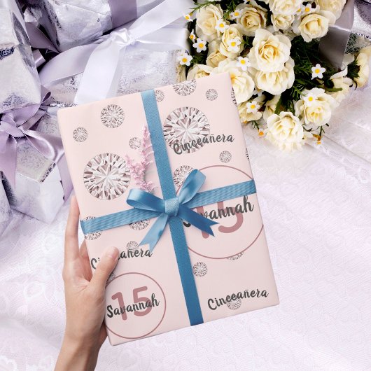 Quinceanera 15. Geburtstag Rose Gold rosa Diamante Geschenkpapier