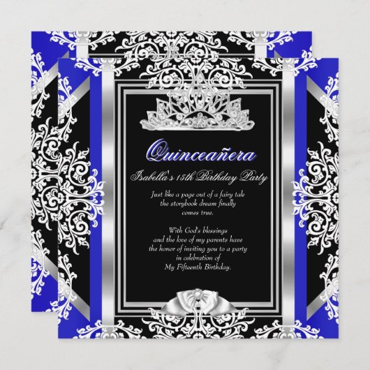 Quinceanera 15. Geburtstag Royal Blue Silver Black Einladung (Vorne/Hinten)