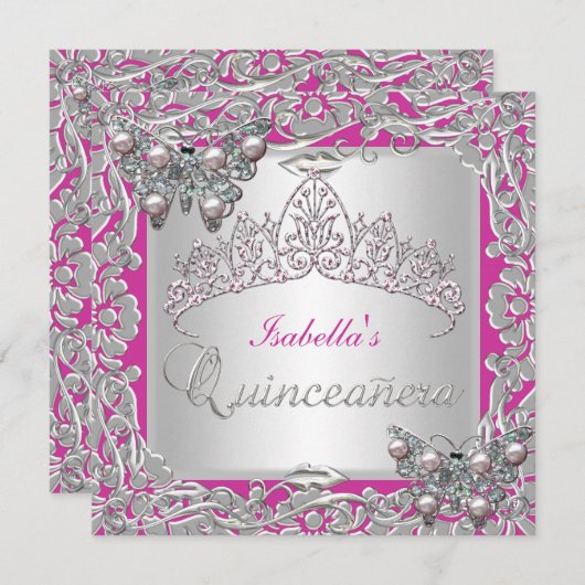 Quinceanera 15. Geburtstag Schmetterlinge Silber P Einladung (Vorne/Hinten)