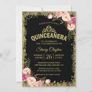 Quinceanera 15. Geburtstag - Schwarz Gold Rosa Blü Einladung