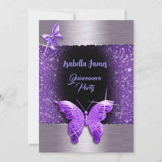 Quinceañera 15. Geburtstag schwarze lila Folie Lux Einladung (Vorderseite)