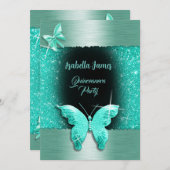 Quinceañera 15. Geburtstag schwarze türkisfarbene Einladung (Vorne/Hinten)