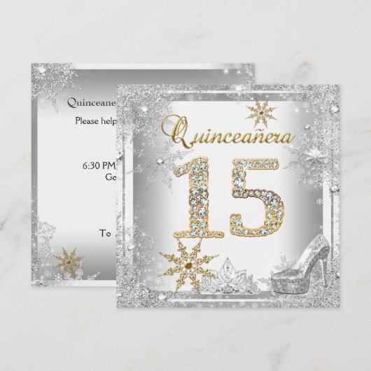 Quinceanera 15 Geburtstag Silver White Gold Elite Einladung (Vorne/Hinten)