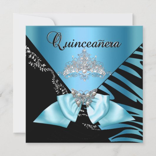 Quinceanera 15 Geburtstag Zebra Blue Black Tiara Einladung (Vorderseite)