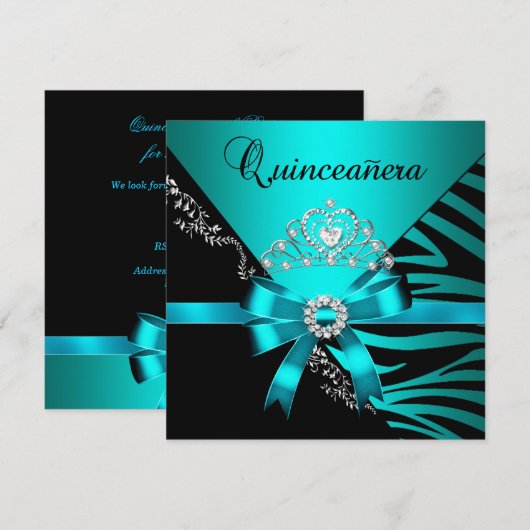 Quinceanera 15. Geburtstag Zebra Blue Black Tiara Einladung (Vorne/Hinten)