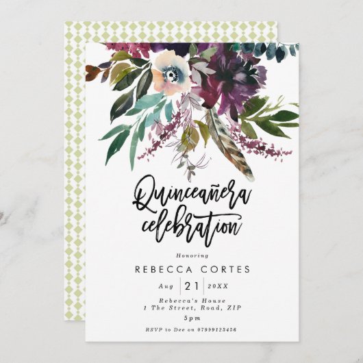 Quinceanera 15. Geburtstagsfedern Blumengewächse Einladung (Vorne/Hinten)
