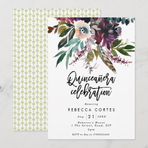 Quinceanera 15. Geburtstagsfedern Blumengewächse Einladung