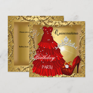 Quinceanera 15. Geburtstagsfeier Gold-Rotes Kleid Einladung