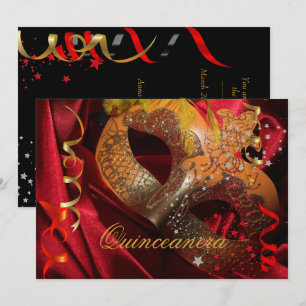 Quinceanera 15. Geburtstagsfeier Rot Schwarz Maske Einladung