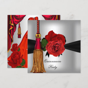 Quinceanera 15 Geburtstagsfeier Rot Silber Rose Einladung