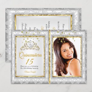 Quinceanera 15. Geburtstagsfeier Silber Gold Foto Einladung