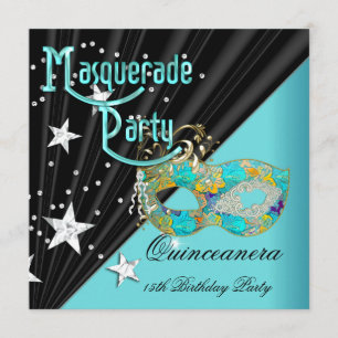 Quinceanera 15. Geburtstagsfeier Türkis Goldmaske Einladung