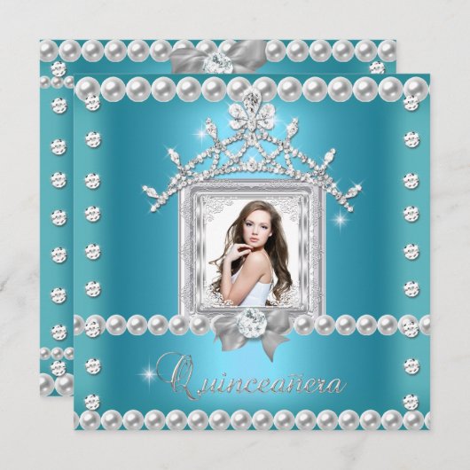 Quinceanera 15. Geburtstagsparty Aquamarin Blue Einladung (Vorne/Hinten)