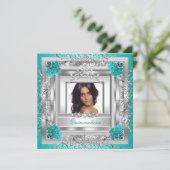 Quinceañera 15. Geburtstagsparty Aquamarin Silver Einladung (Stehend Vorderseite)