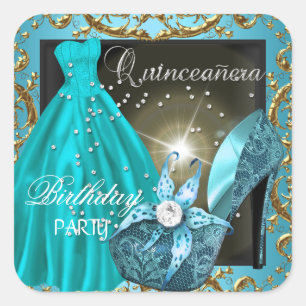 Quinceanera 15. Geburtstagsparty Aquamarines Kleid Quadratischer Aufkleber