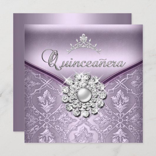 Quinceañera 15 Geburtstagsparty Damask Lilac Einladung (Vorne/Hinten)