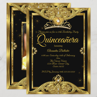 Quinceanera 15. Geburtstagsparty Foto Gold Black Einladung