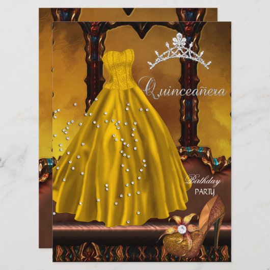 Quinceanera 15. Geburtstagsparty Gold Dress Einladung (Vorne/Hinten)