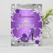 Quinceanera 15. Geburtstagsparty Lila Silver Einladung (Stehend Vorderseite)