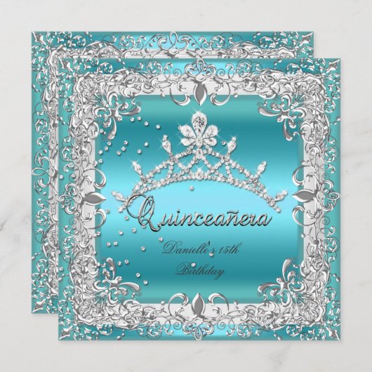Quinceanera 15. Geburtstagsparty Silver Aquamarin Einladung (Vorne/Hinten)